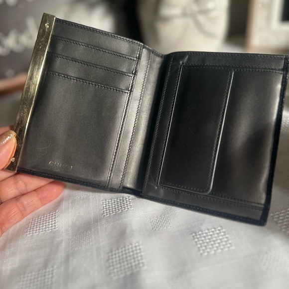 Gucci suede and leather black bifold wallet gold trim 4” x 5” unisex - Picture 3 of 15
